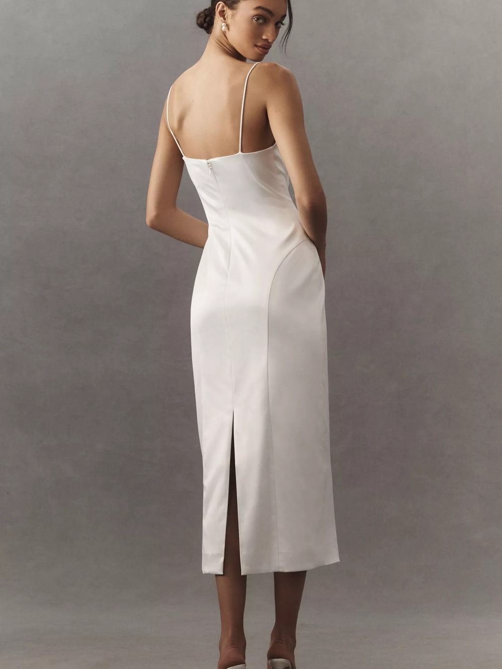 BHLDN Square-Neck Back-Slit Slim Stretch Satin Midi Dress - Picture 3 of 8